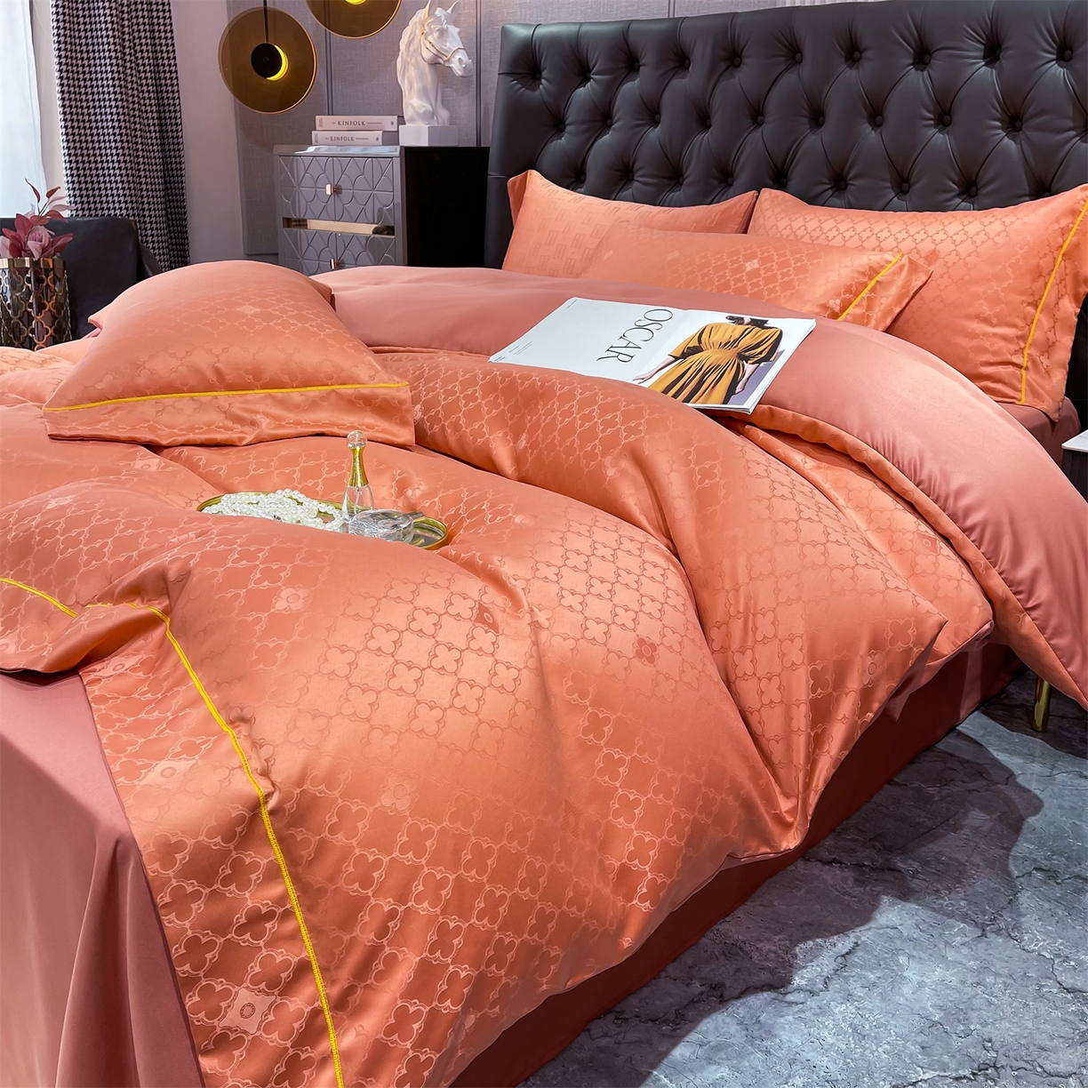 91家纺网 家纺一手货源 找家纺 经年 2026新款60S贡缎提花水洗真丝四件套 香瑾-艾玛橙