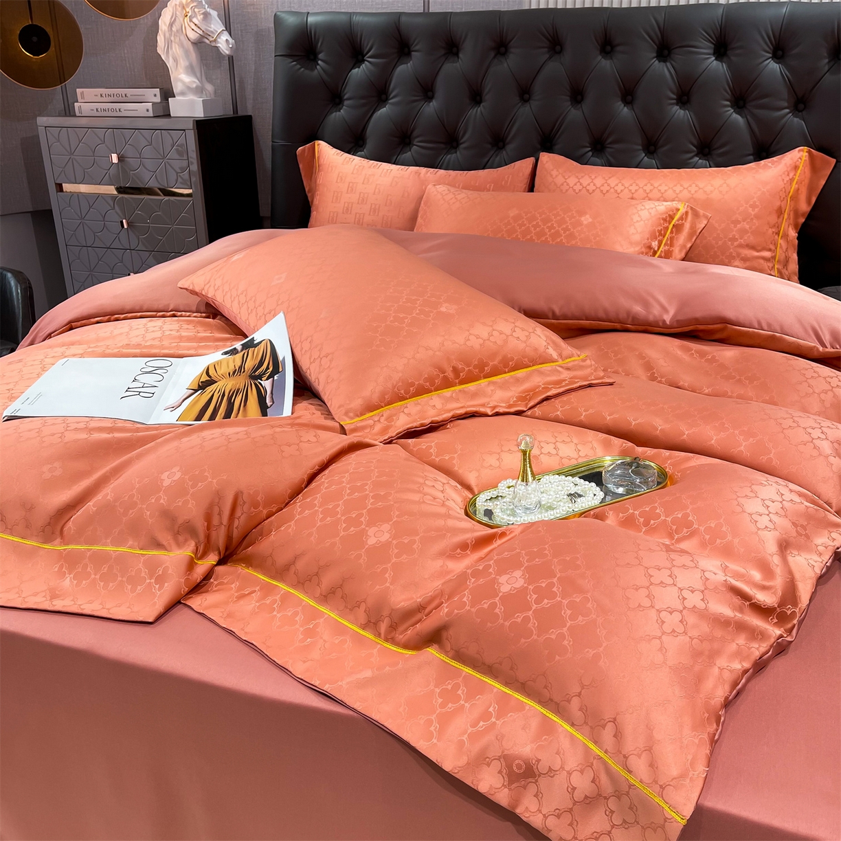 91家纺网 家纺一手货源 找家纺 经年 2026新款60S贡缎提花水洗真丝四件套 香瑾-艾玛橙