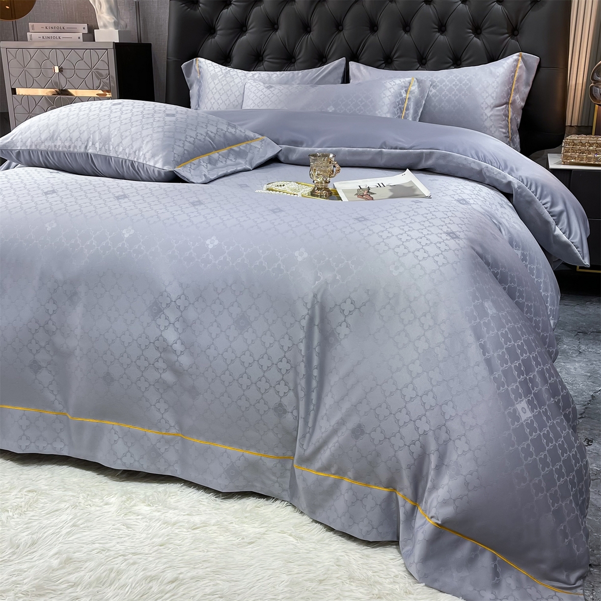 91家纺网 家纺一手货源 找家纺 经年 2026新款60S贡缎提花水洗真丝四件套 香瑾-石灰