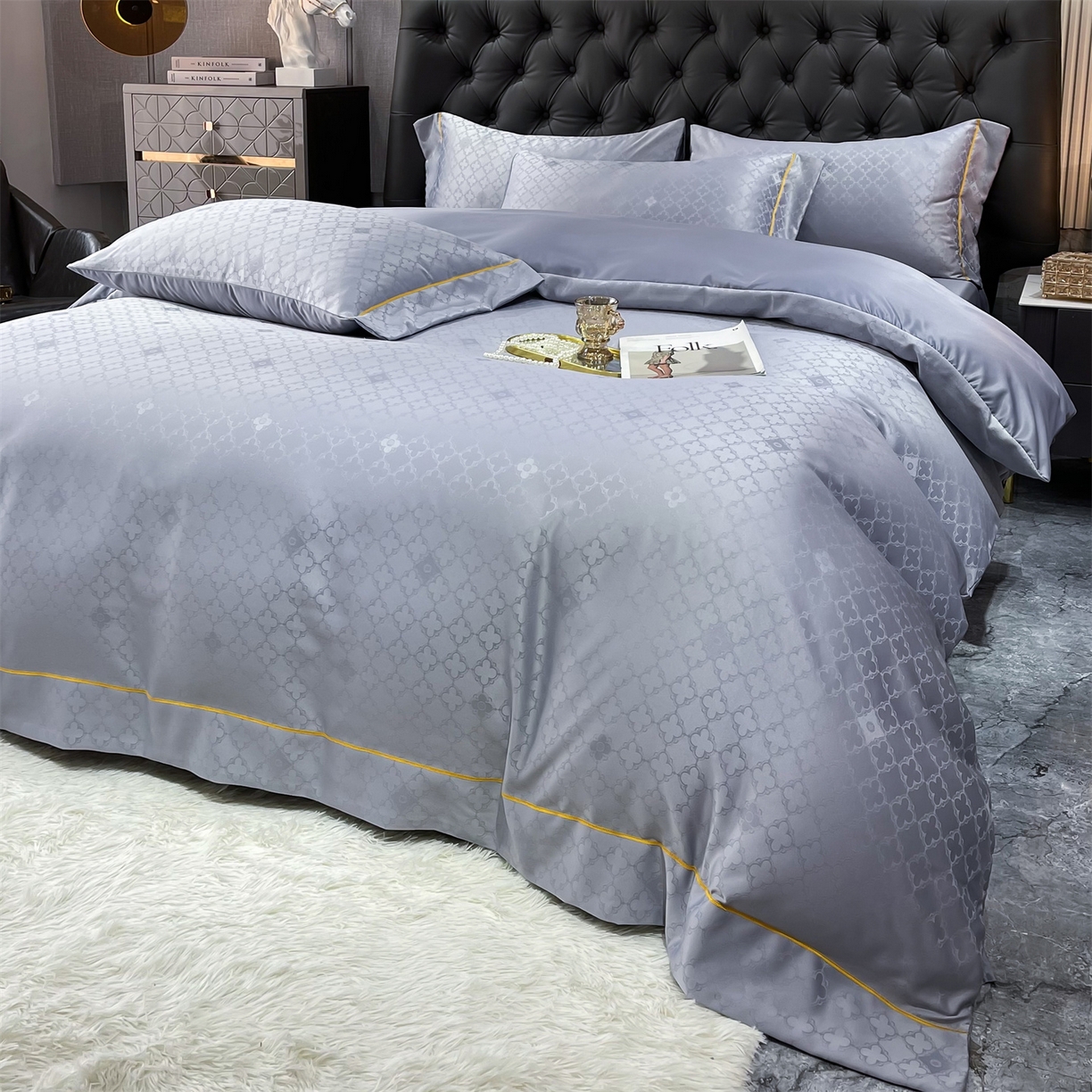 91家纺网 家纺一手货源 找家纺 经年 2026新款60S贡缎提花水洗真丝四件套 香瑾-石灰