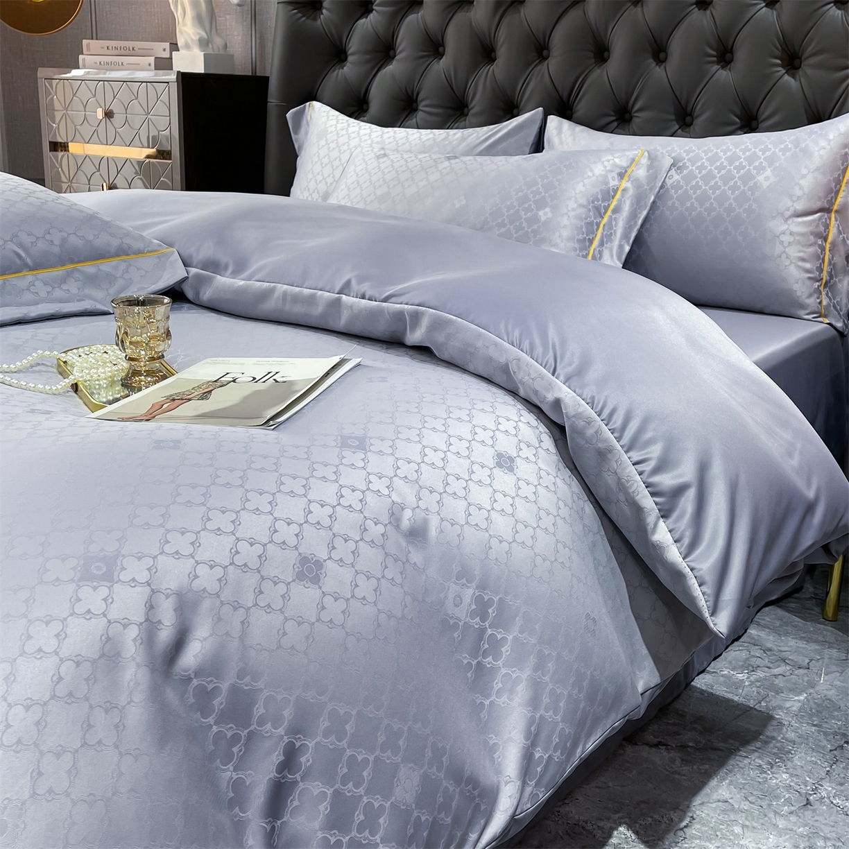 91家纺网 家纺一手货源 找家纺 经年 2026新款60S贡缎提花水洗真丝四件套 香瑾-石灰