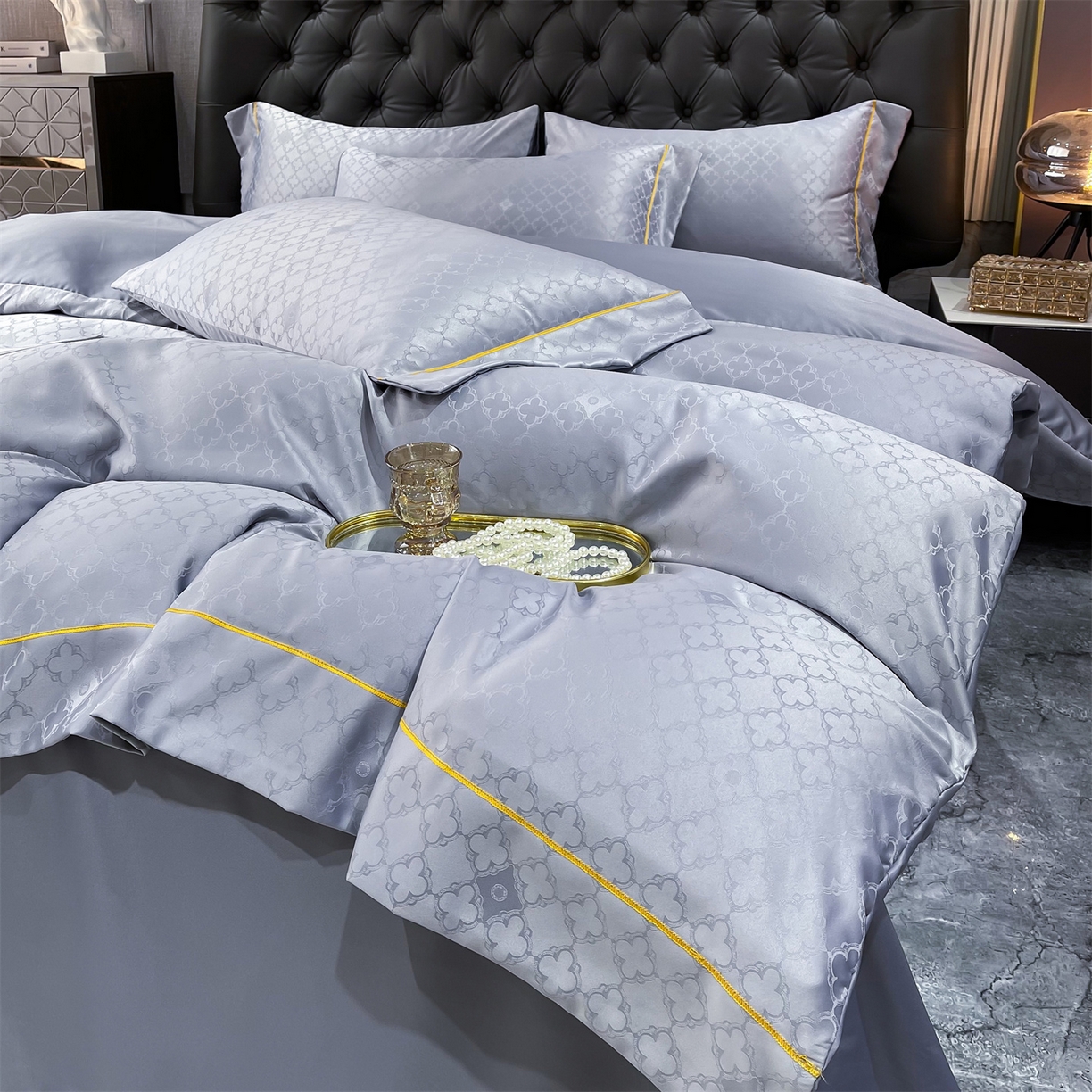 91家纺网 家纺一手货源 找家纺 经年 2026新款60S贡缎提花水洗真丝四件套 香瑾-石灰