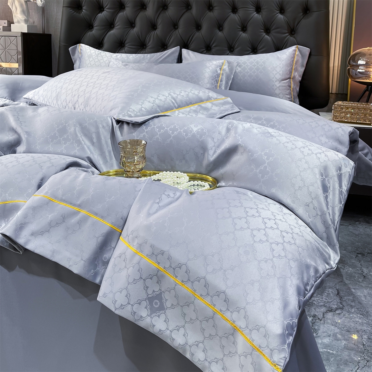 91家纺网 家纺一手货源 找家纺 经年 2026新款60S贡缎提花水洗真丝四件套 香瑾-石灰