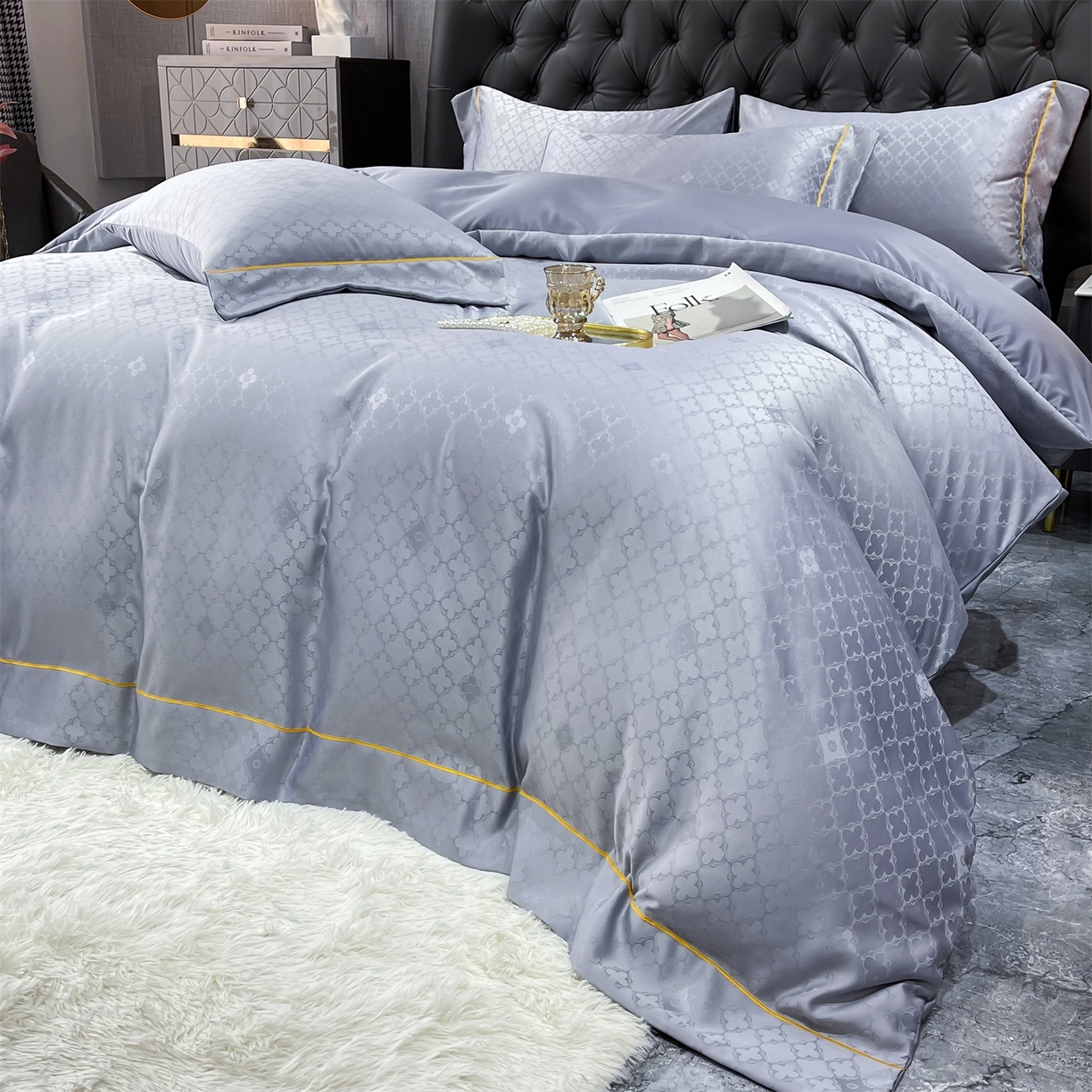 91家纺网 家纺一手货源 找家纺 经年 2026新款60S贡缎提花水洗真丝四件套 香瑾-石灰