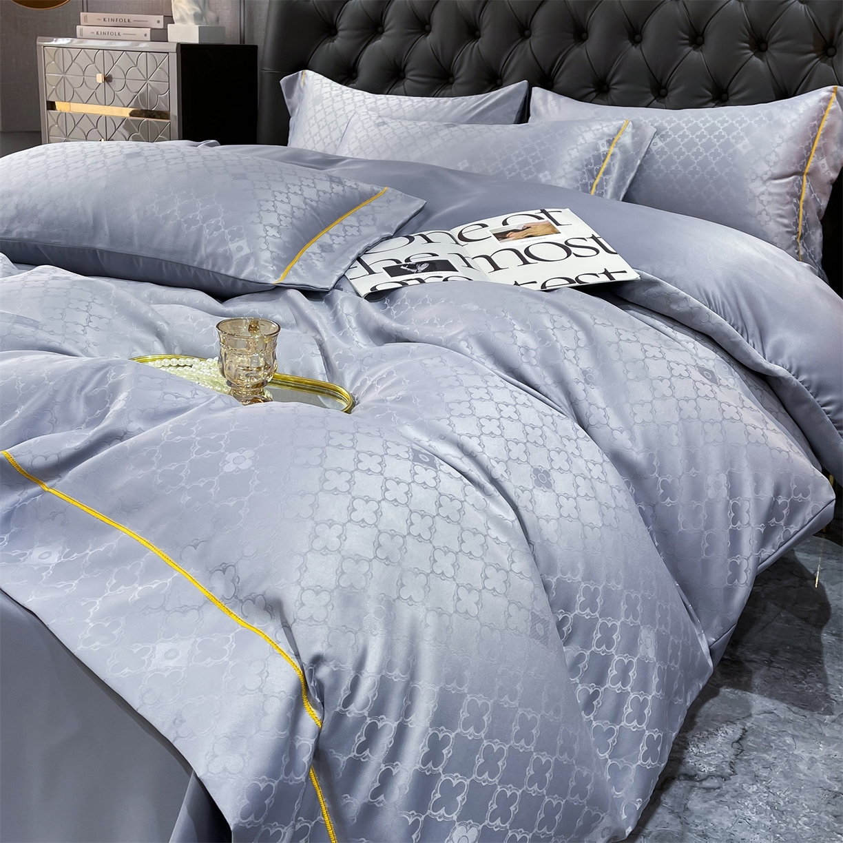 91家纺网 家纺一手货源 找家纺 经年 2026新款60S贡缎提花水洗真丝四件套 香瑾-石灰