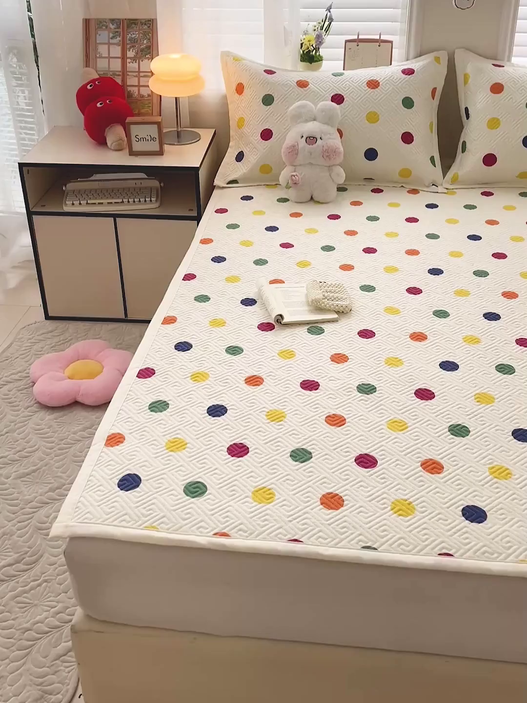 91家纺网 家纺一手货源 找家纺 忆生活家纺 2026新款A类全棉老粗布软凉席夹棉床盖可机洗 彩色波点