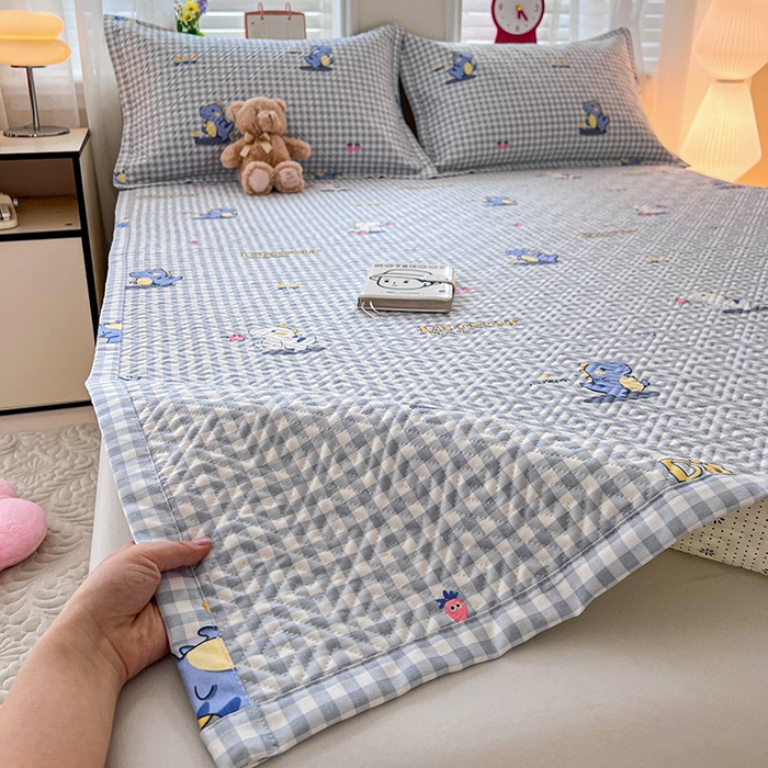 忆生活家纺 2026新款A类全棉老粗布软凉席夹棉床盖可机洗 蓝格龙宝