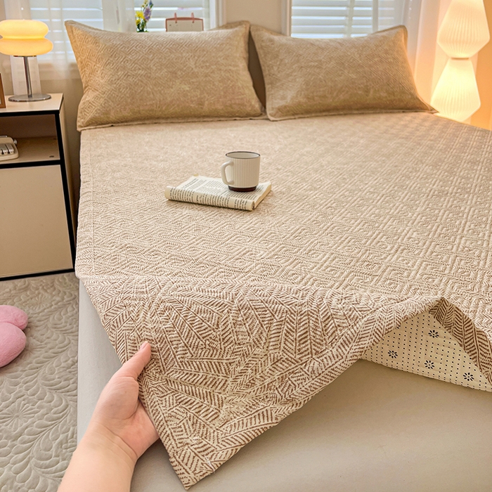 忆生活家纺 2026新款A类全棉老粗布软凉席夹棉床盖可机洗 麦浪织纹