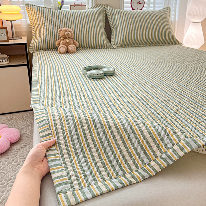 忆生活家纺 2026新款A类全棉老粗布软凉席夹棉床盖可机洗 条纹绿