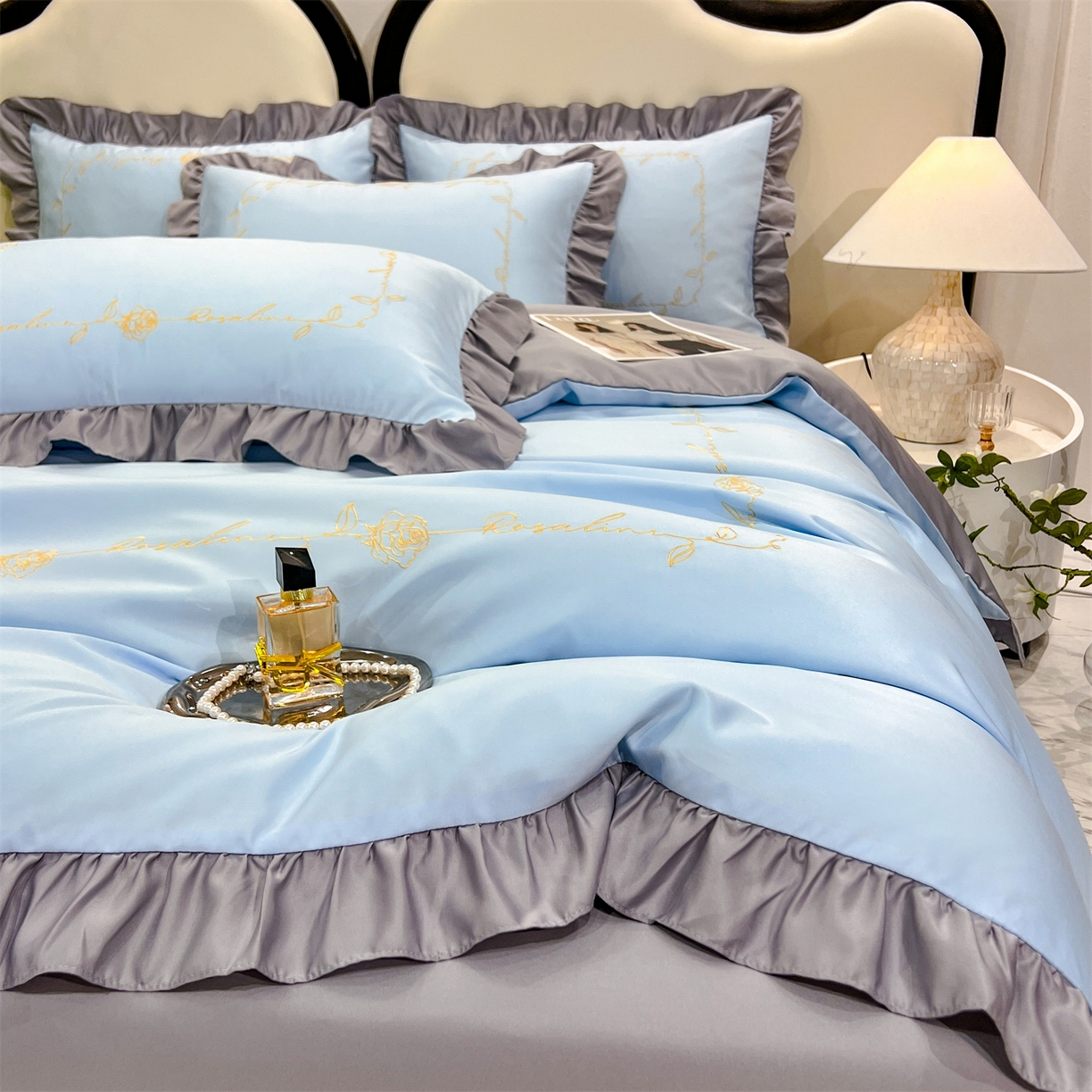 91家纺网 家纺一手货源 找家纺 经年 2026新款水洗真丝韩版四件套 一世-蓝灰