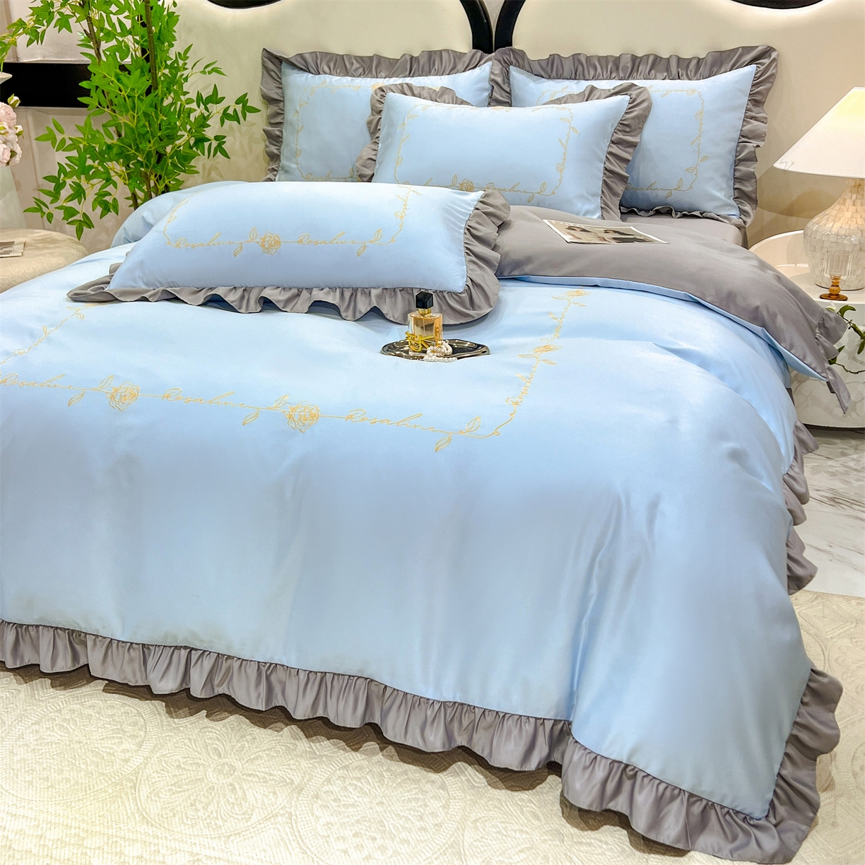 91家纺网 家纺一手货源 找家纺 经年 2026新款水洗真丝韩版四件套 一世-蓝灰