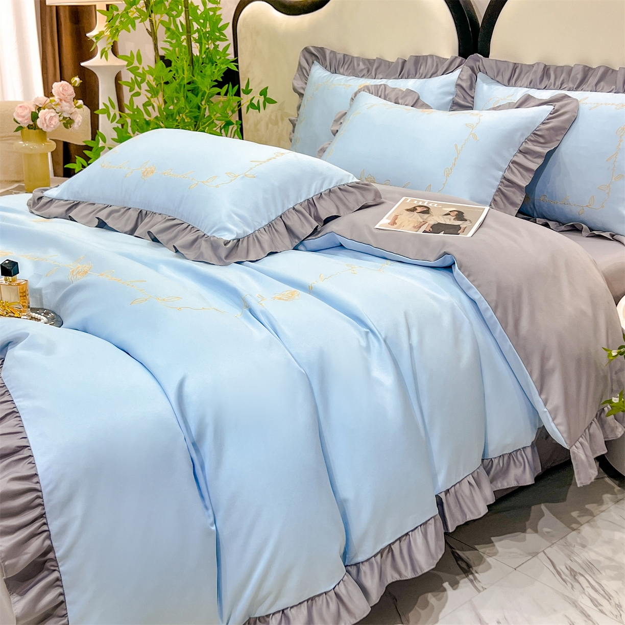 91家纺网 家纺一手货源 找家纺 经年 2026新款水洗真丝韩版四件套 一世-蓝灰