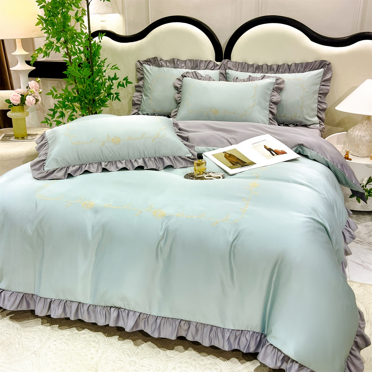 91家纺网 家纺一手货源 找家纺 经年 2026新款水洗真丝韩版四件套 一世-抹茶浅灰