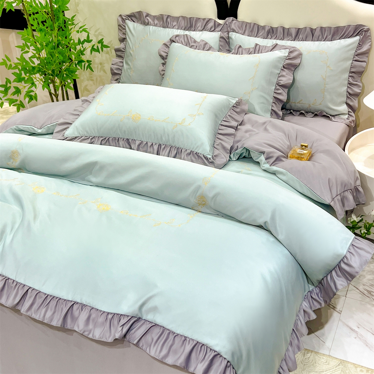 91家纺网 家纺一手货源 找家纺 经年 2026新款水洗真丝韩版四件套 一世-抹茶浅灰