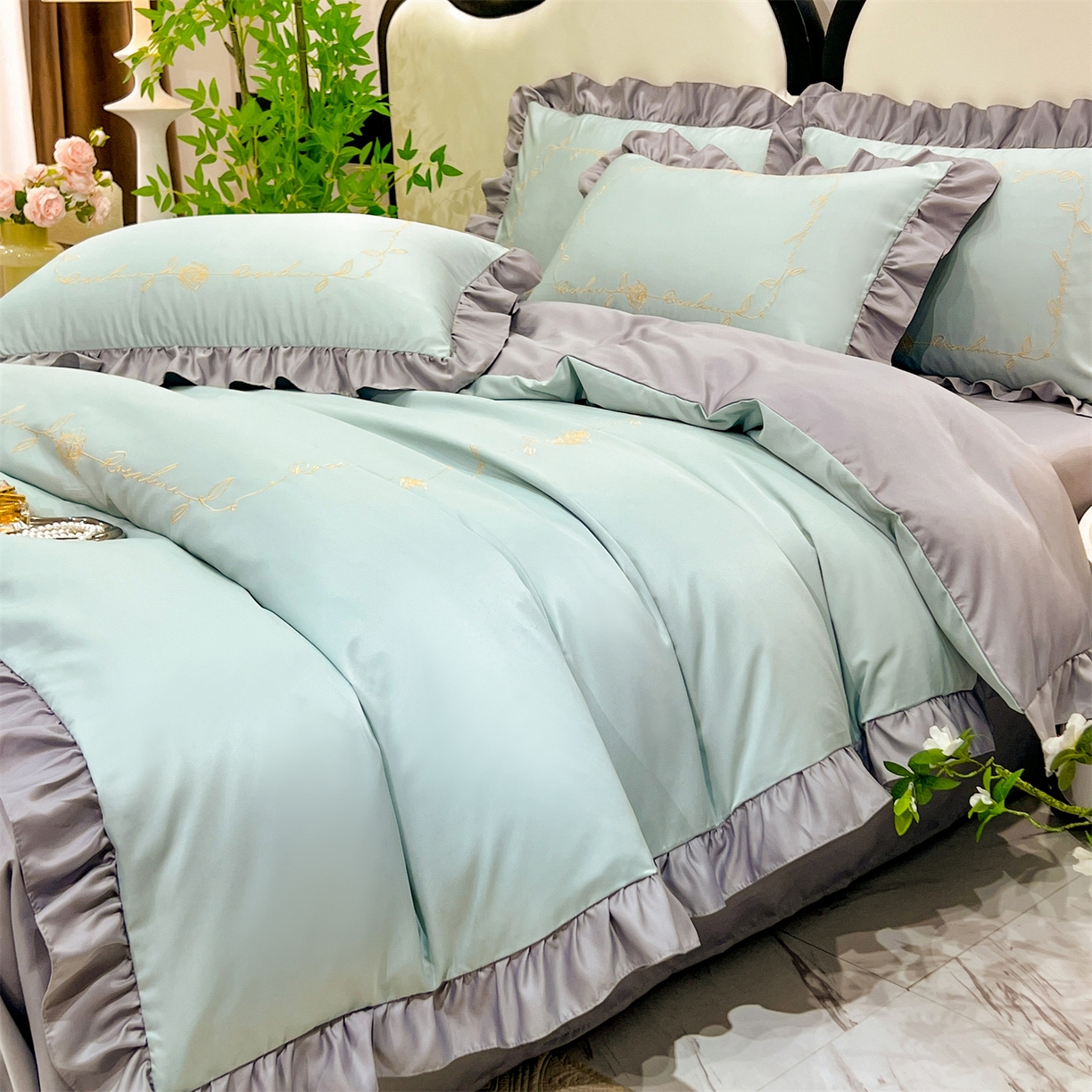 91家纺网 家纺一手货源 找家纺 经年 2026新款水洗真丝韩版四件套 一世-抹茶浅灰