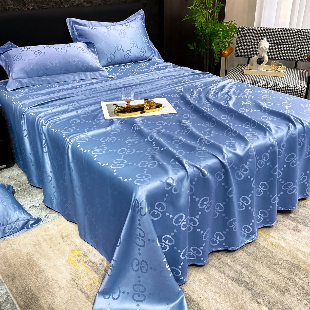 91家纺网 家纺一手货源 找家纺 经年 2026新款水洗真丝提花床单单床单床单单件 洛克-宝蓝