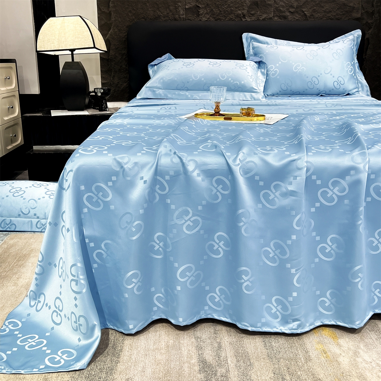 91家纺网 家纺一手货源 找家纺 经年 2026新款水洗真丝提花床单单床单床单单件 洛克-天蓝