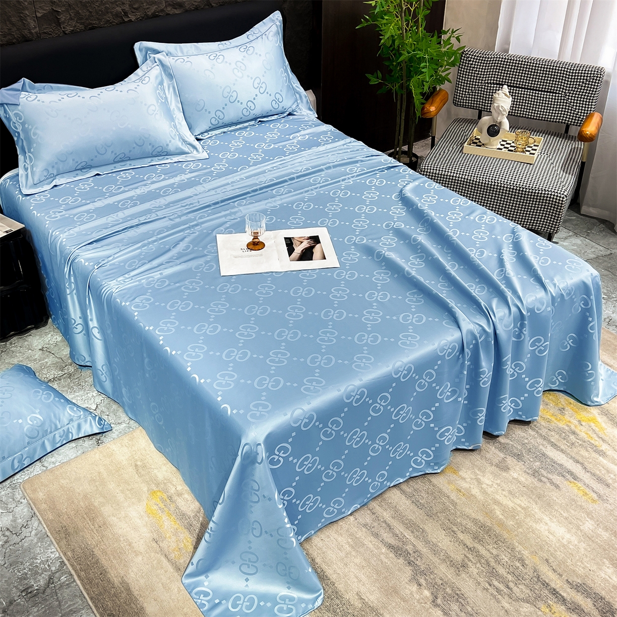 91家纺网 家纺一手货源 找家纺 经年 2026新款水洗真丝提花床单单床单床单单件 洛克-天蓝