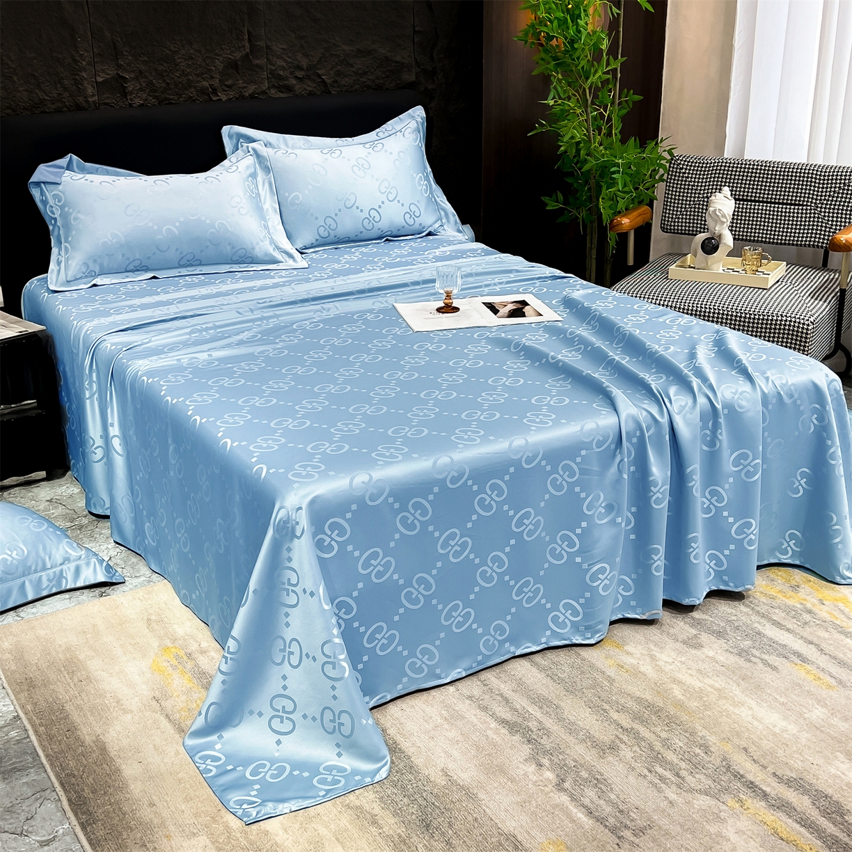 91家纺网 家纺一手货源 找家纺 经年 2026新款水洗真丝提花床单单床单床单单件 洛克-天蓝