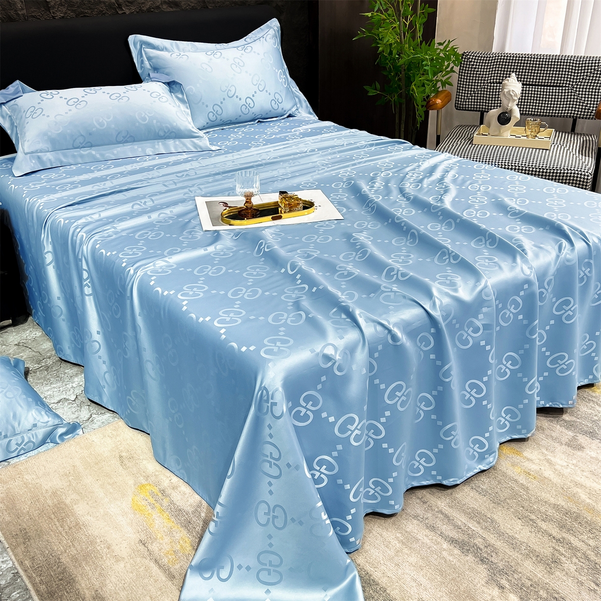 91家纺网 家纺一手货源 找家纺 经年 2026新款水洗真丝提花床单单床单床单单件 洛克-天蓝