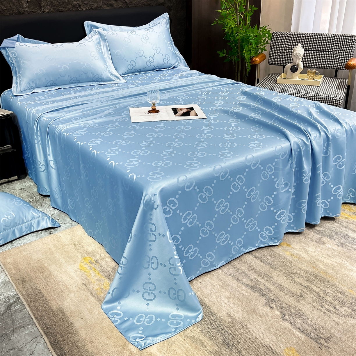 91家纺网 家纺一手货源 找家纺 经年 2026新款水洗真丝提花床单单床单床单单件 洛克-天蓝