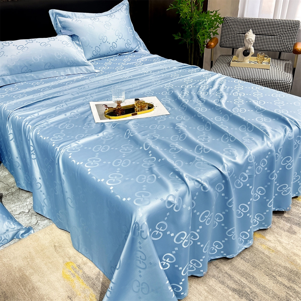 91家纺网 家纺一手货源 找家纺 经年 2026新款水洗真丝提花床单单床单床单单件 洛克-天蓝