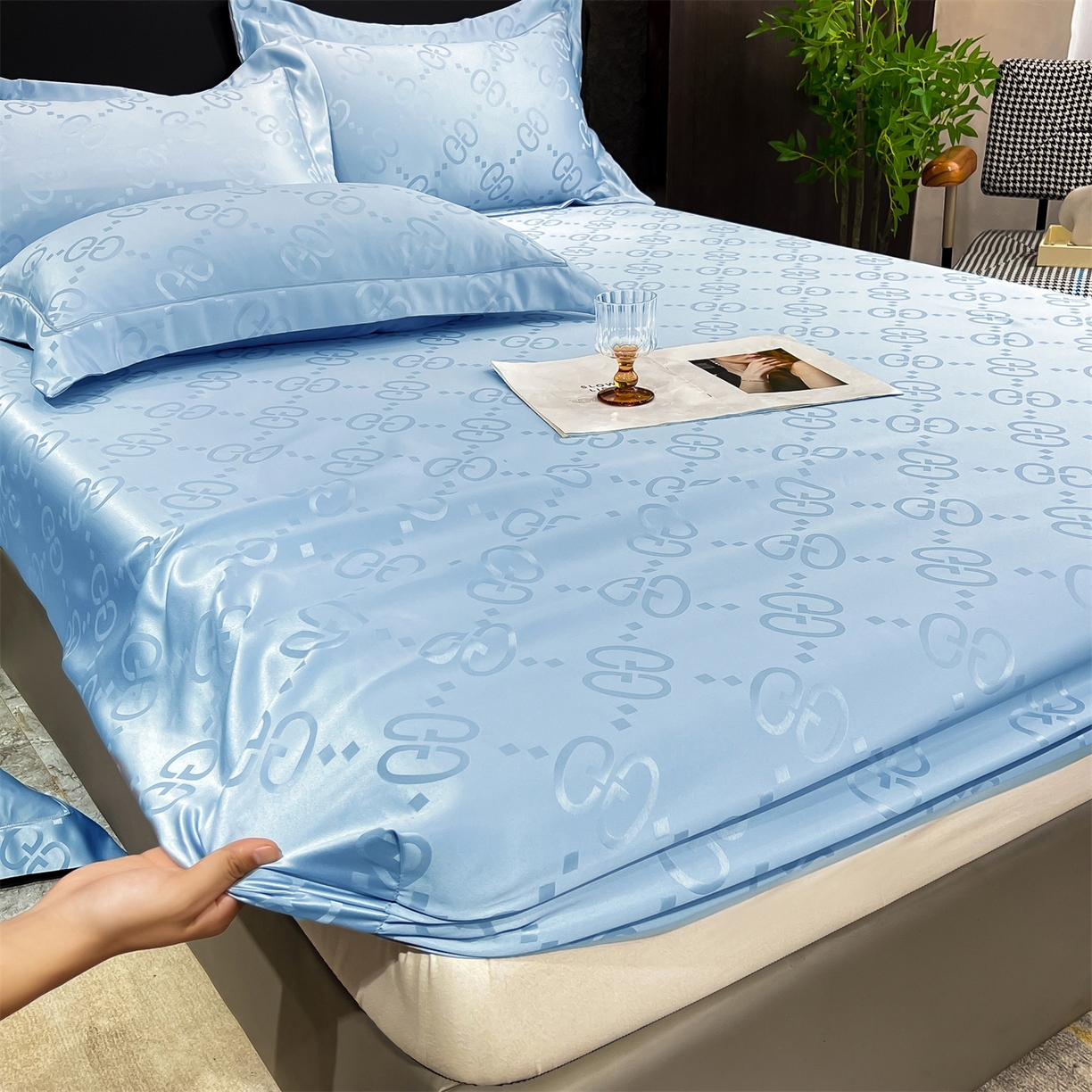 91家纺网 家纺一手货源 找家纺 经年 2026新款水洗真丝提花床笠单床笠床笠单件 洛克-天蓝