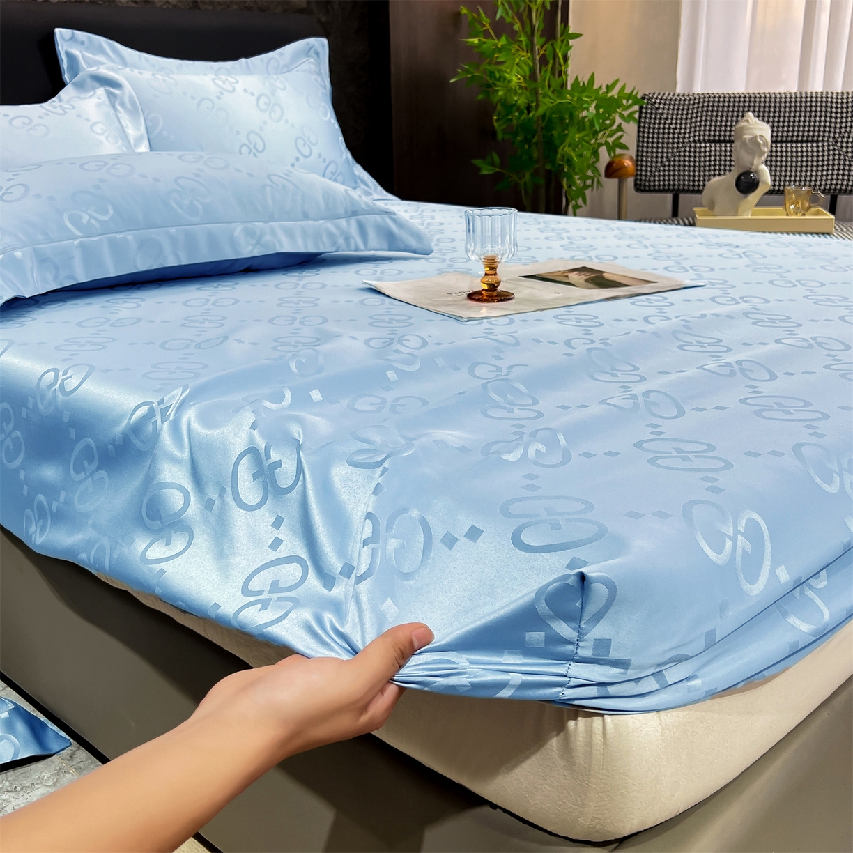 91家纺网 家纺一手货源 找家纺 经年 2026新款水洗真丝提花床笠单床笠床笠单件 洛克-天蓝