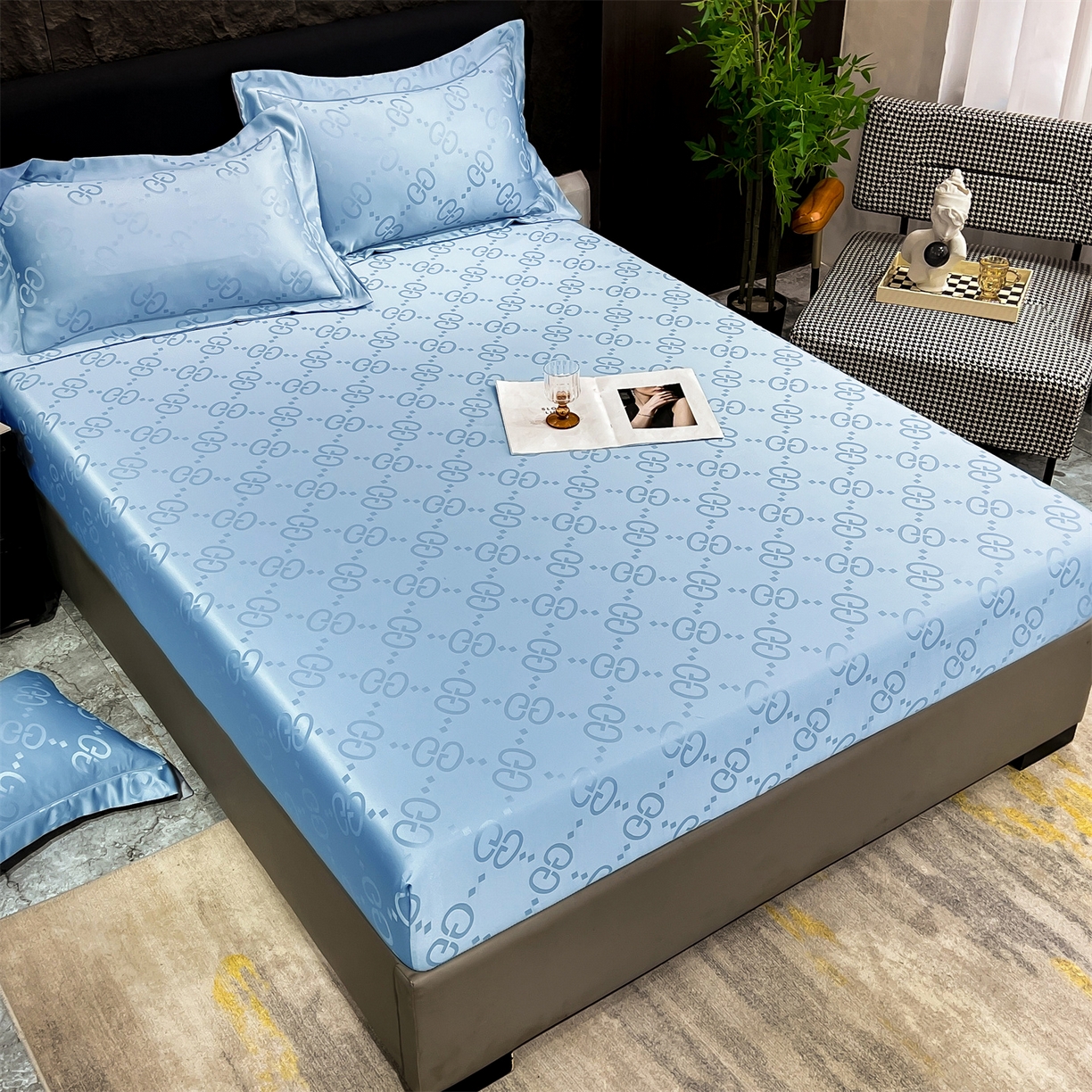 91家纺网 家纺一手货源 找家纺 经年 2026新款水洗真丝提花床笠单床笠床笠单件 洛克-天蓝