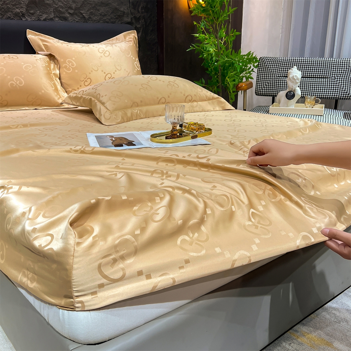 91家纺网 家纺一手货源 找家纺 经年 2026新款水洗真丝提花床笠单床笠床笠单件 洛克-香槟