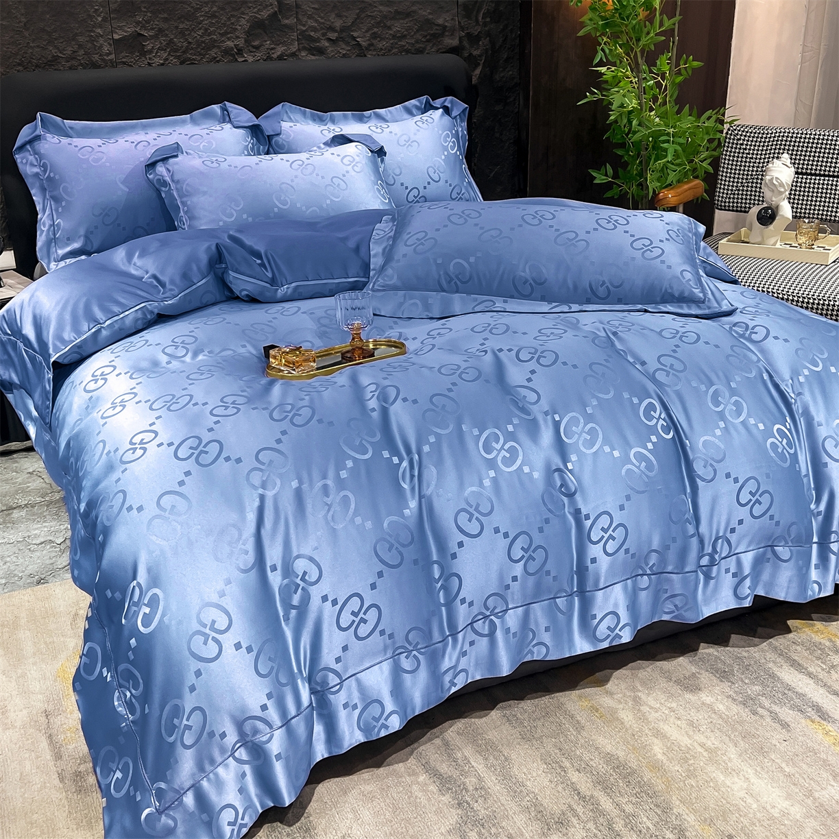 91家纺网 家纺一手货源 找家纺 经年 2026新款水洗真丝提花单被套被套单件 洛克-宝蓝