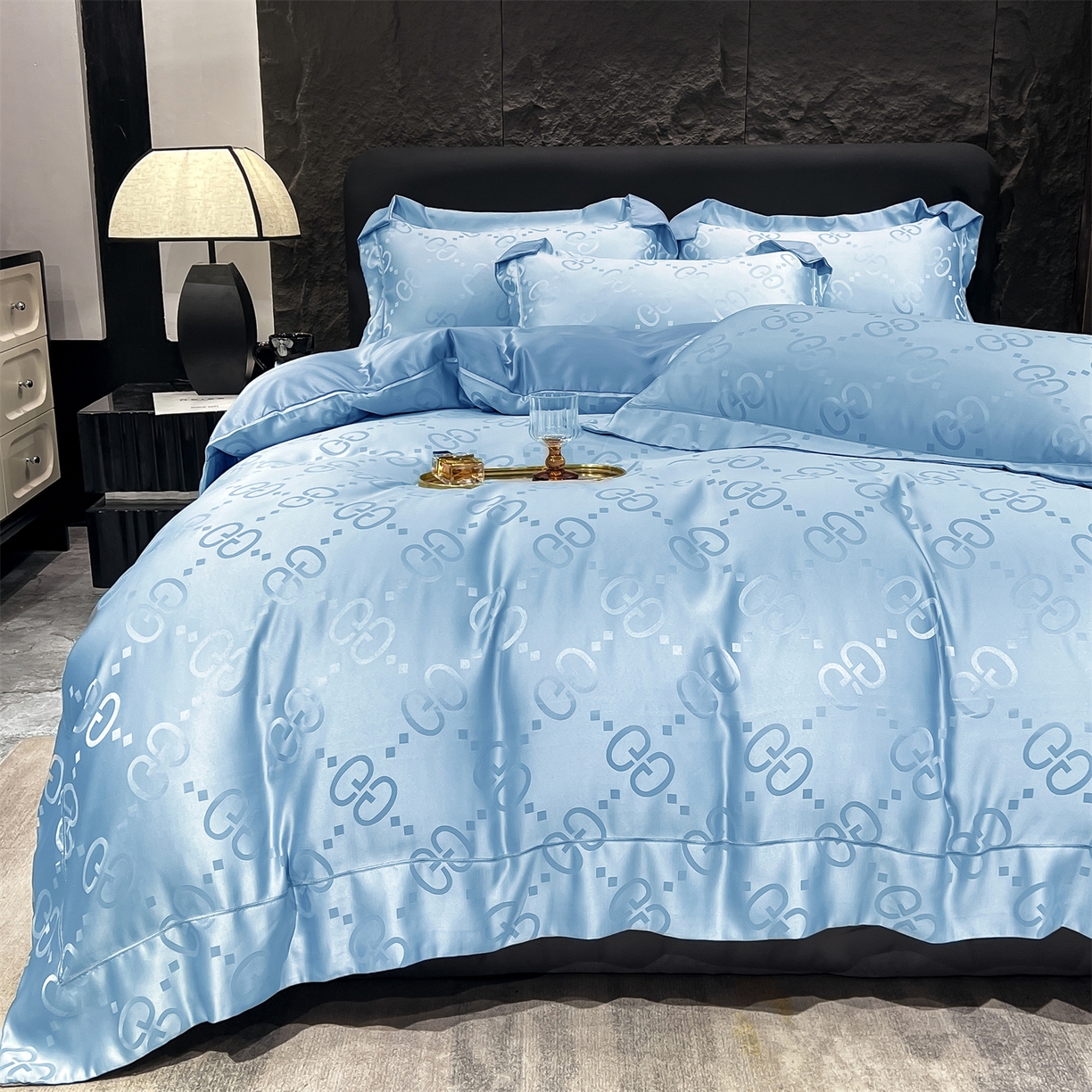 91家纺网 家纺一手货源 找家纺 经年 2026新款水洗真丝提花单被套被套单件 洛克-天蓝