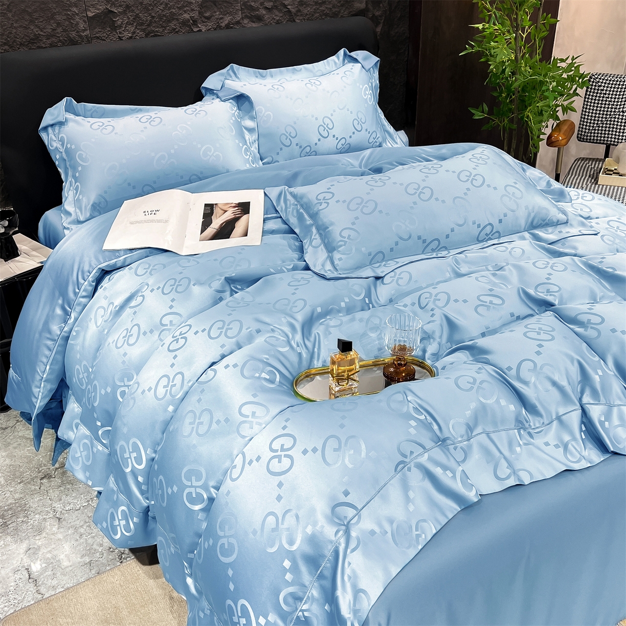 91家纺网 家纺一手货源 找家纺 经年 2026新款水洗真丝提花单被套被套单件 洛克-天蓝