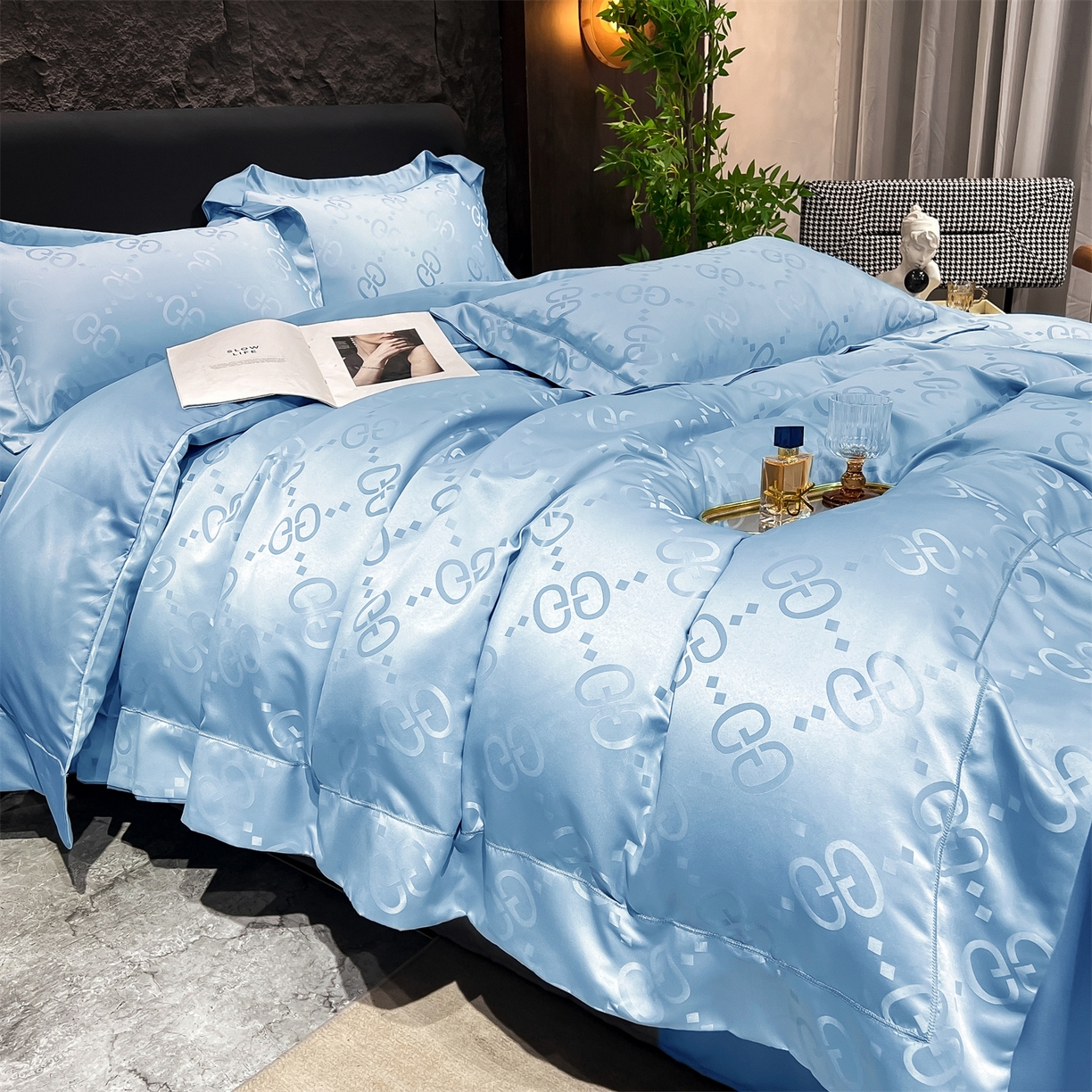 91家纺网 家纺一手货源 找家纺 经年 2026新款水洗真丝提花单被套被套单件 洛克-天蓝