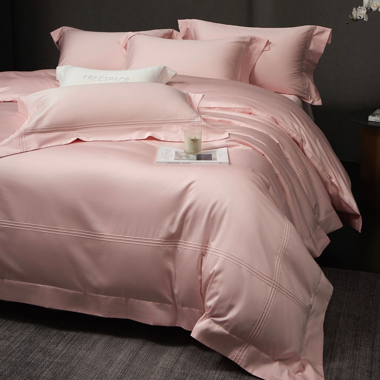 91家纺网 家纺一手货源 找家纺 时亿家居 2026新款轻奢酒店风纯棉长绒棉四件套-曼哈顿 曼哈顿-粉