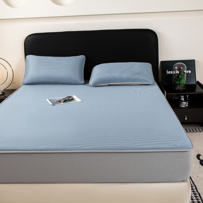 91家纺网 家纺一手货源 找家纺 春寻家纺 2026春夏新款千鸟格碳光冰丝席复合三明治款凉席席子 千鸟格-蓝色-床笠款