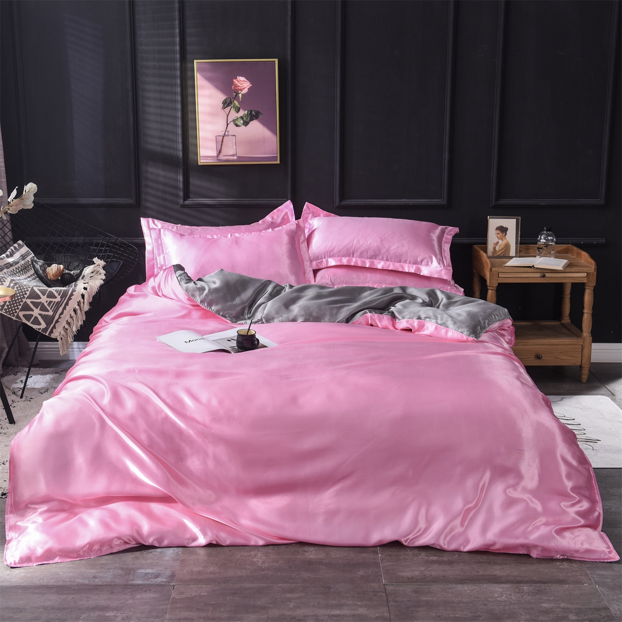 91家纺网 家纺一手货源 找家纺 经年 2026新款特价款丝绸冰丝四件套 粉色银灰