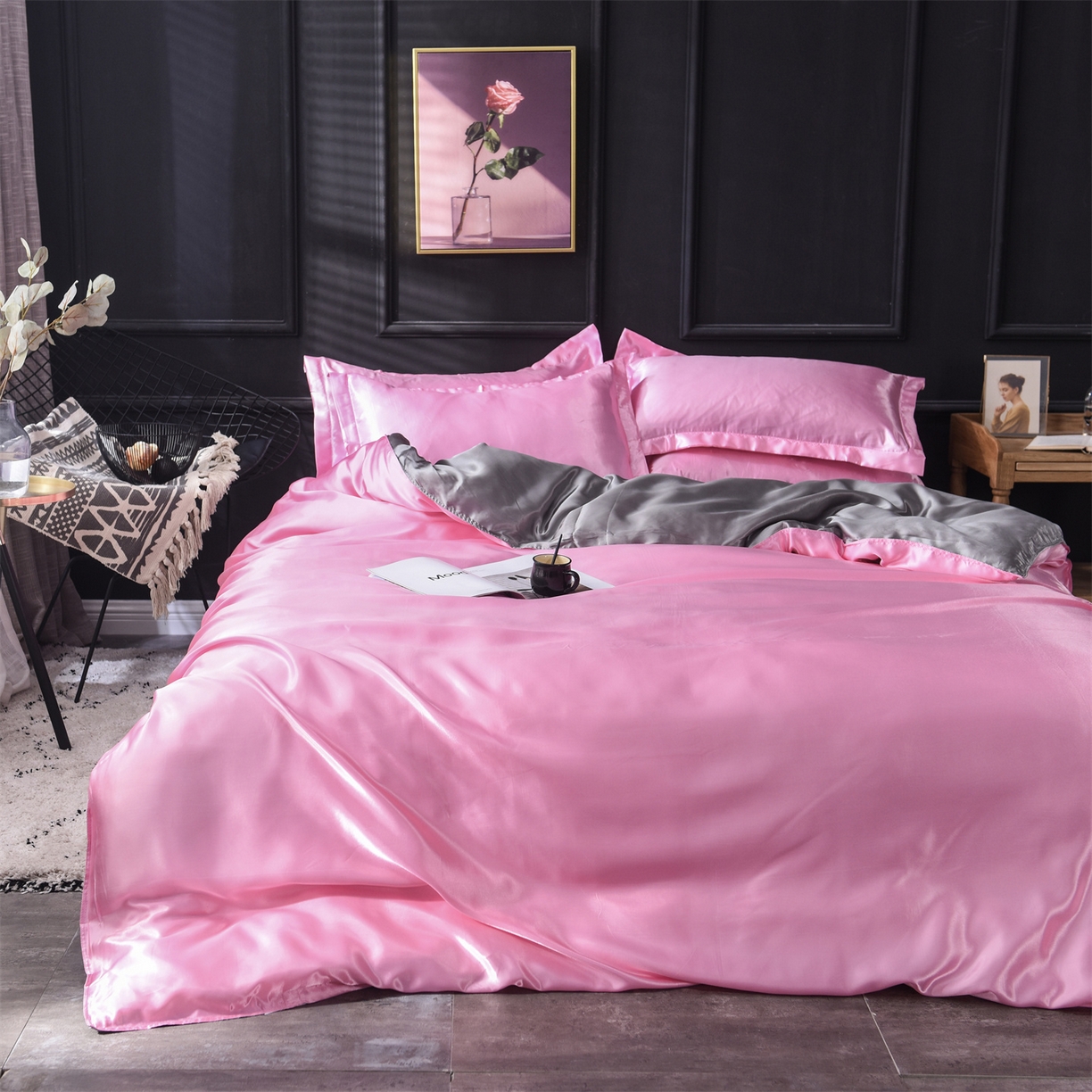 91家纺网 家纺一手货源 找家纺 经年 2026新款特价款丝绸冰丝四件套 粉色银灰