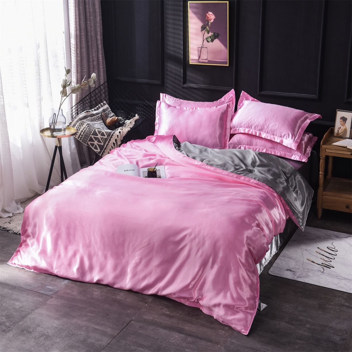 91家纺网 家纺一手货源 找家纺 经年 2026新款特价款丝绸冰丝四件套 粉色银灰