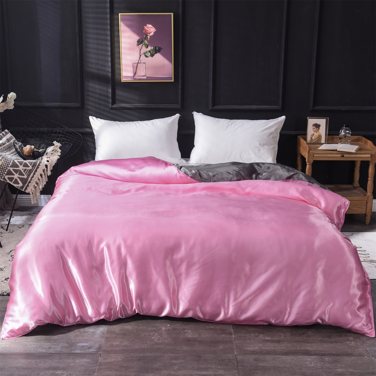 91家纺网 家纺一手货源 找家纺 经年 2026新款特价款丝绸冰丝四件套 粉色银灰