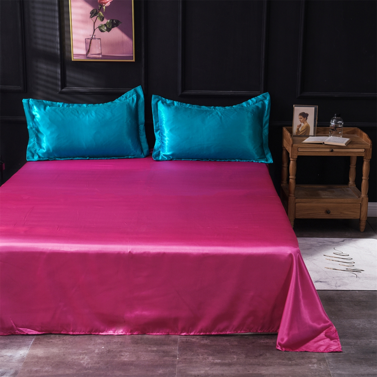 91家纺网 家纺一手货源 找家纺 经年 2026新款特价款丝绸冰丝四件套 湖蓝玫红