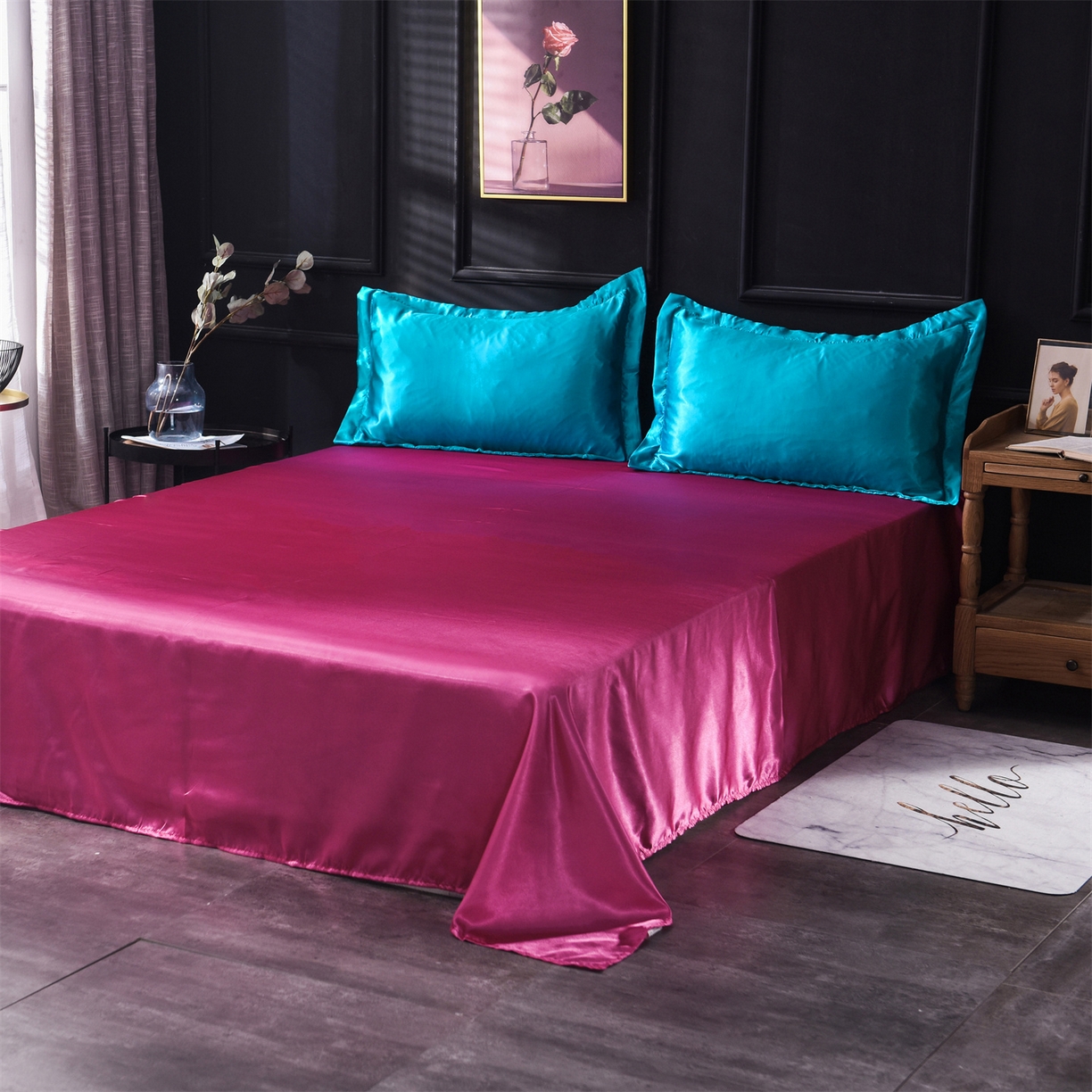 91家纺网 家纺一手货源 找家纺 经年 2026新款特价款丝绸冰丝四件套 湖蓝玫红