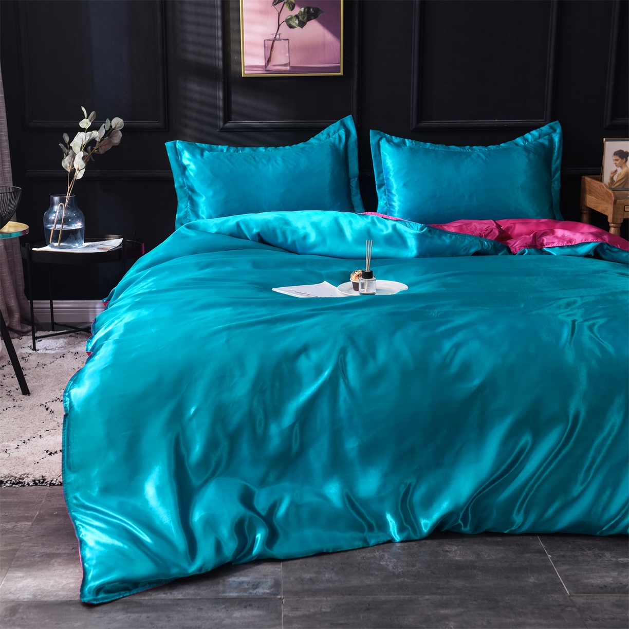 91家纺网 家纺一手货源 找家纺 经年 2026新款特价款丝绸冰丝四件套 湖蓝玫红