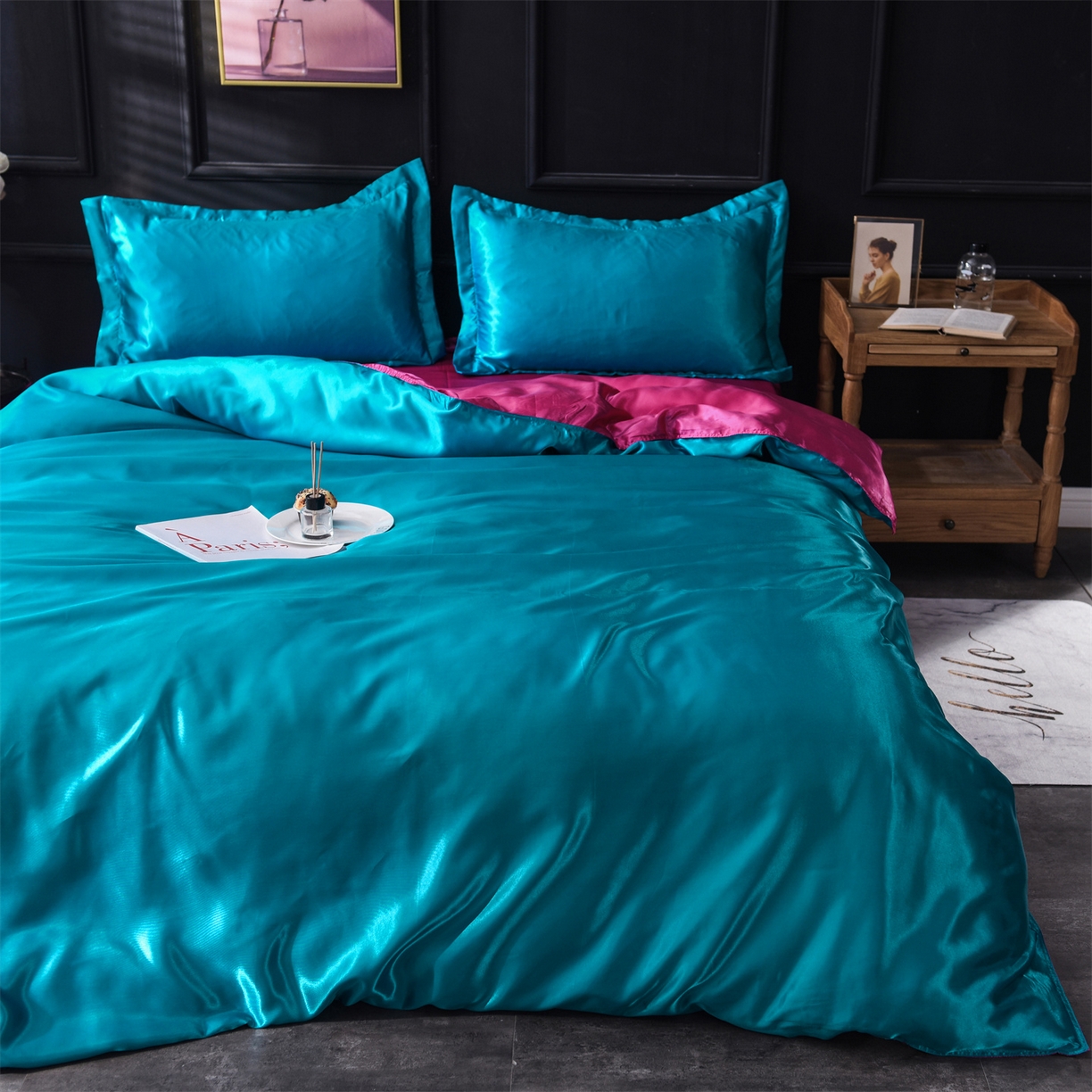 91家纺网 家纺一手货源 找家纺 经年 2026新款特价款丝绸冰丝四件套 湖蓝玫红