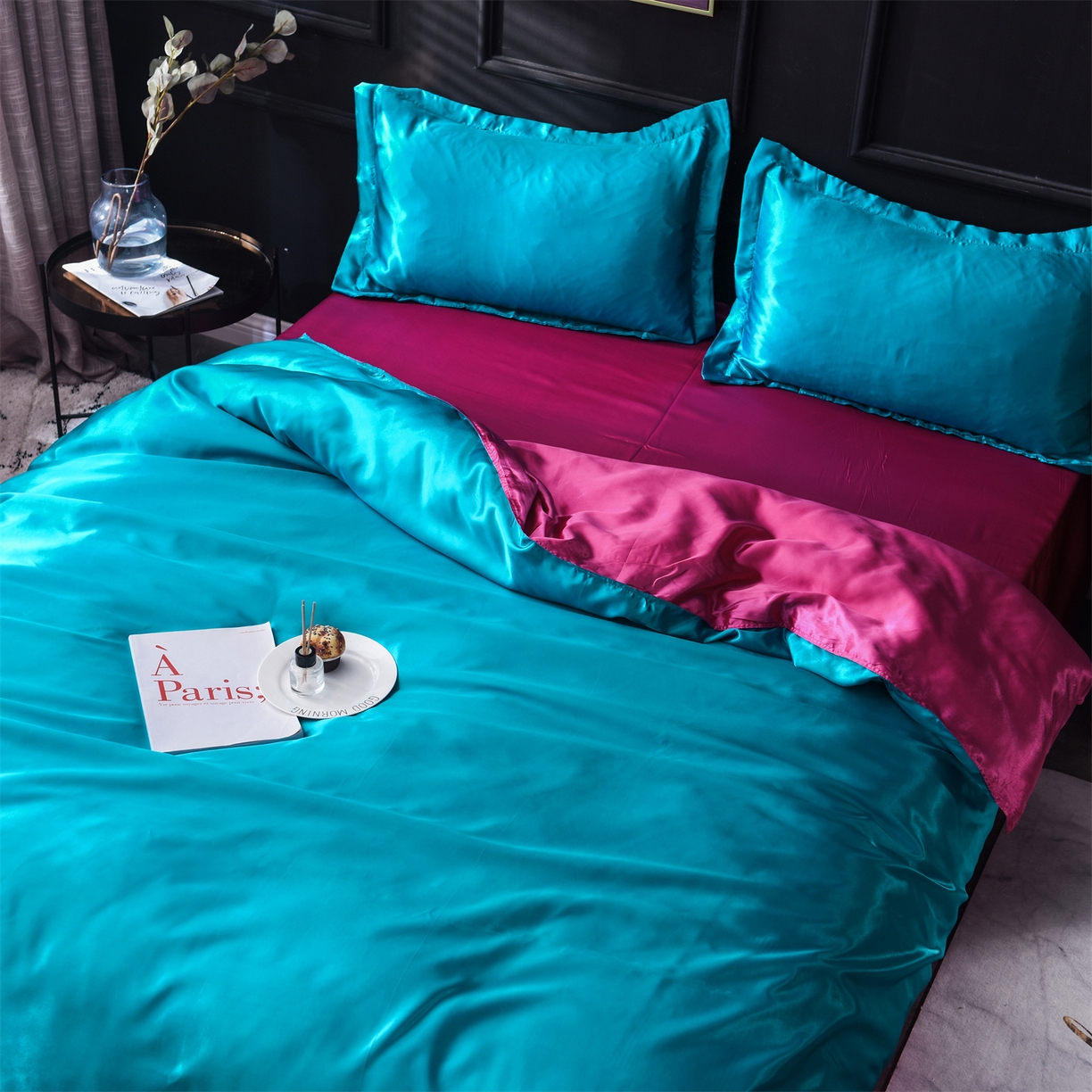 91家纺网 家纺一手货源 找家纺 经年 2026新款特价款丝绸冰丝四件套 湖蓝玫红