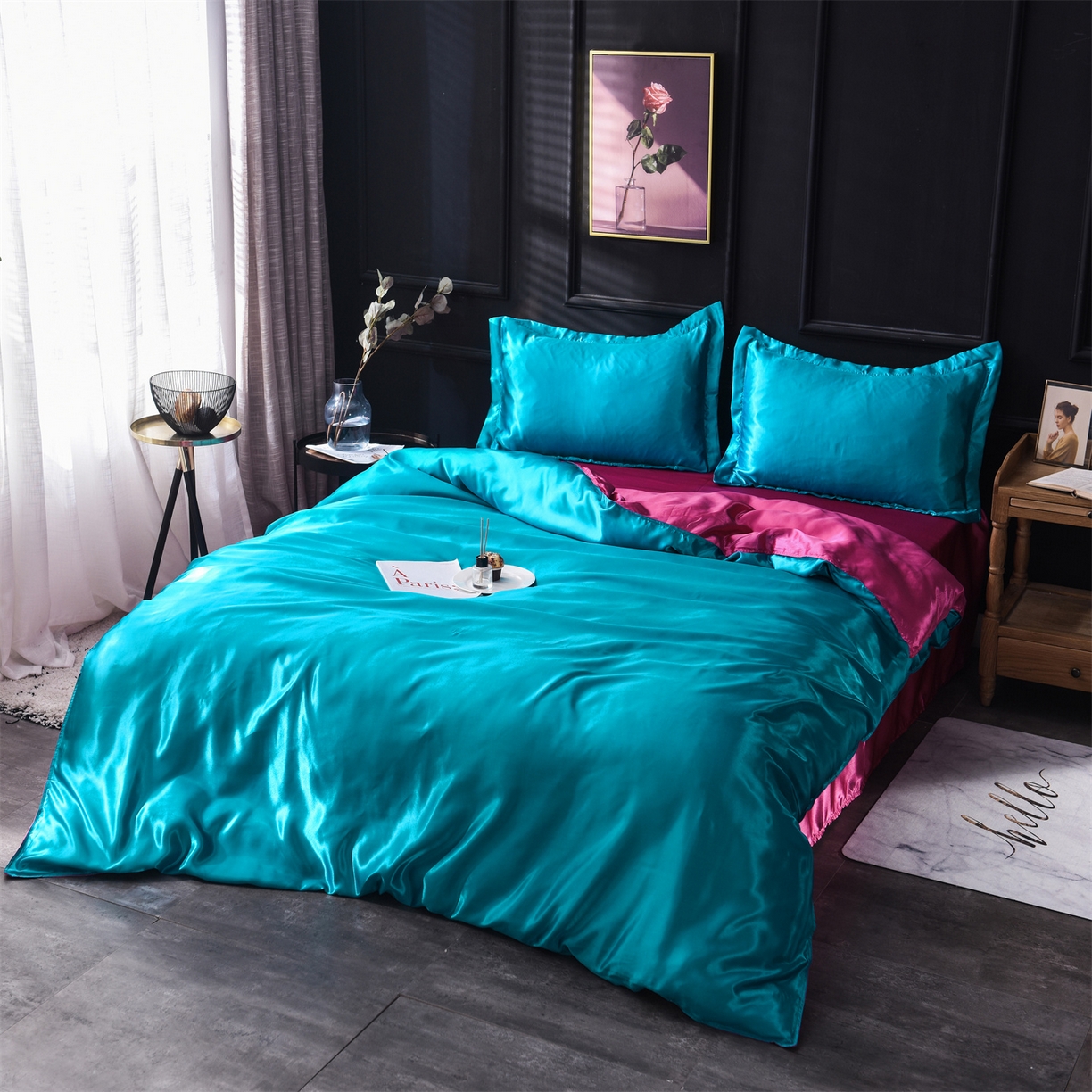 91家纺网 家纺一手货源 找家纺 经年 2026新款特价款丝绸冰丝四件套 湖蓝玫红