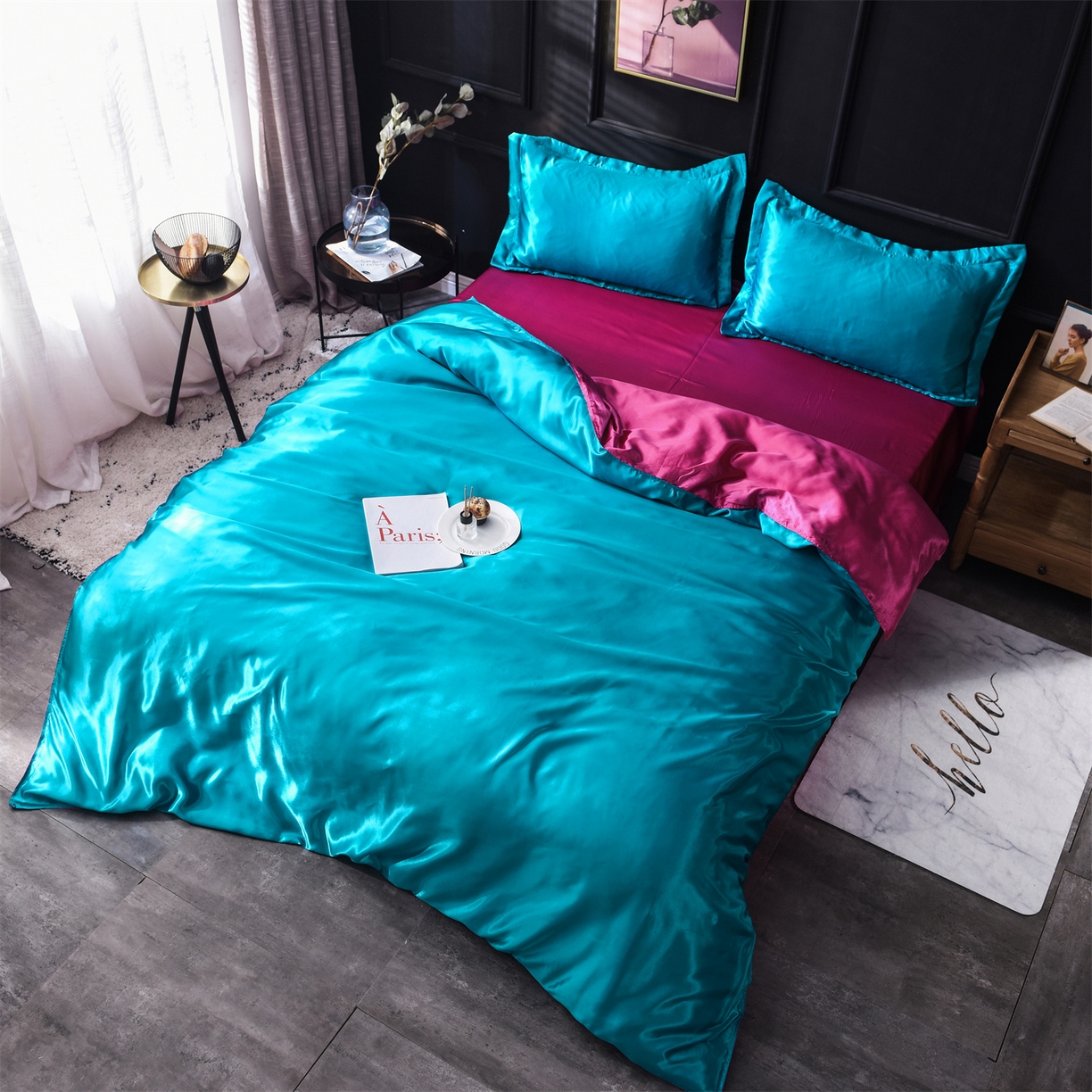 91家纺网 家纺一手货源 找家纺 经年 2026新款特价款丝绸冰丝四件套 湖蓝玫红