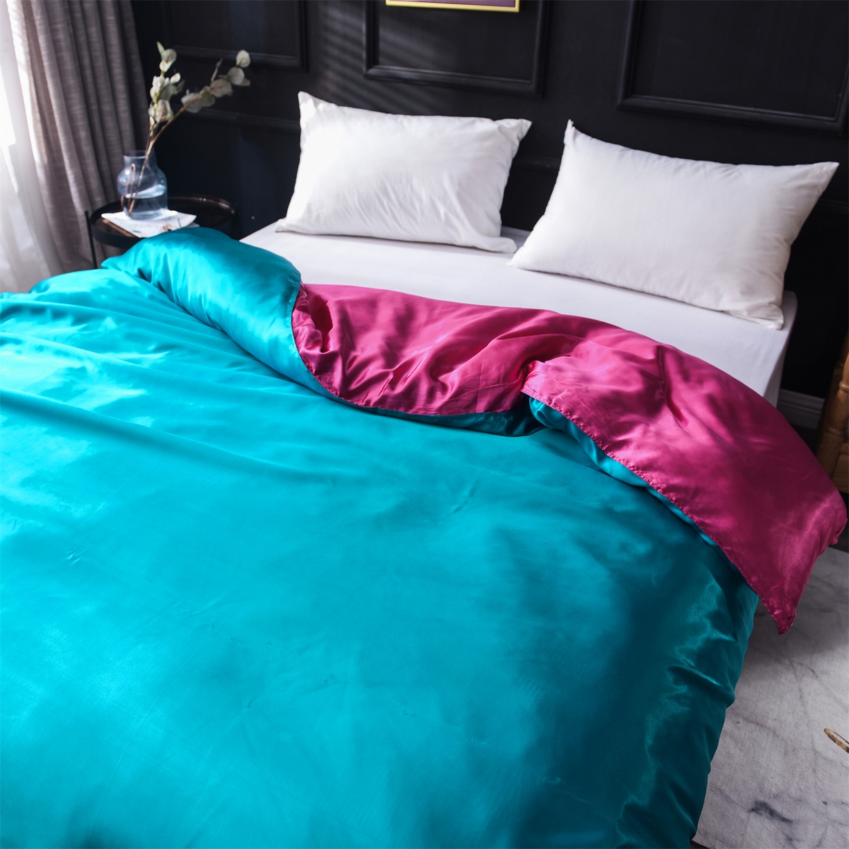 91家纺网 家纺一手货源 找家纺 经年 2026新款特价款丝绸冰丝四件套 湖蓝玫红