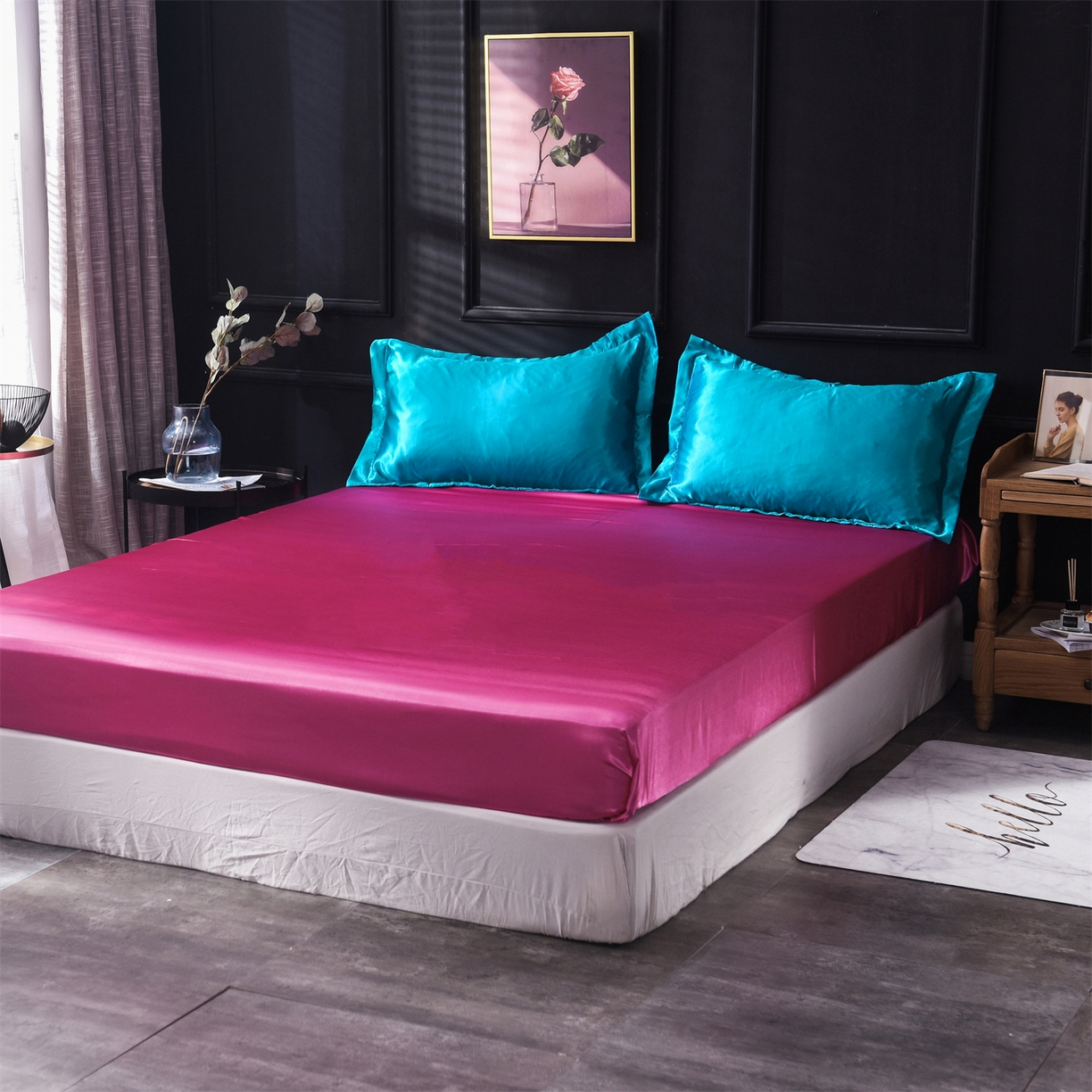 91家纺网 家纺一手货源 找家纺 经年 2026新款特价款丝绸冰丝四件套 湖蓝玫红