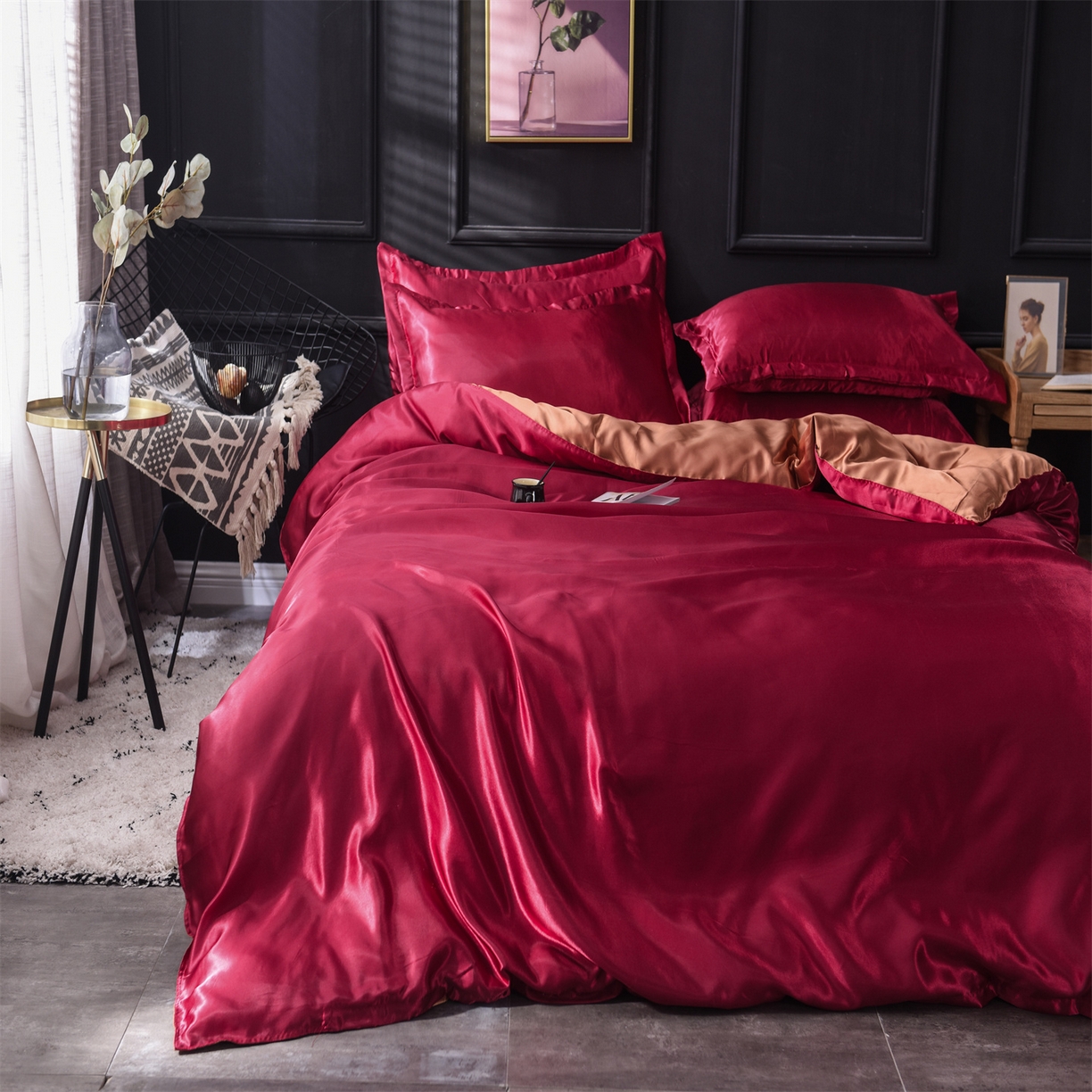 91家纺网 家纺一手货源 找家纺 经年 2026新款特价款丝绸冰丝四件套 酒红咖啡